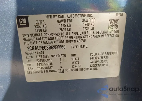 2011 Chevrolet Equinox 2Lt из США, поврежденный, VIN 2CNALPEC8B6256660